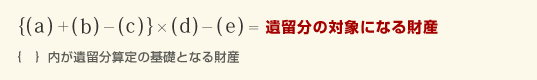 {(a)＋(b)−(c)}×(d)−(e)＝遺留分の対象になる財産｛　｝内が遺留分算定の基礎となる財産